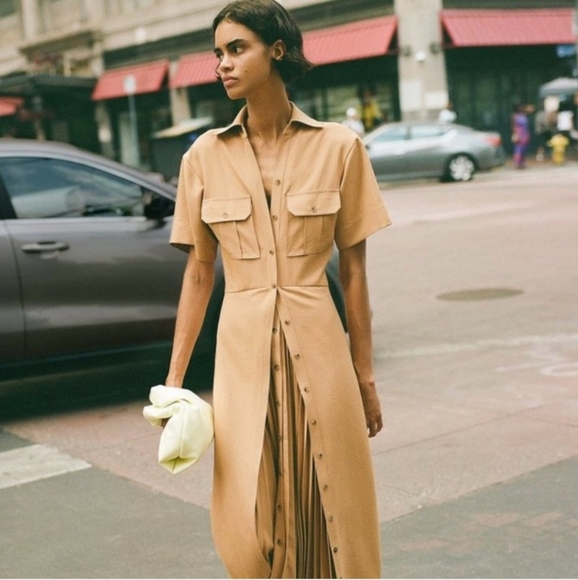 A.L.C. Florence Pleated Shirt Dress Raffia Tan Maxi Size 4 - Picture 5 of 13